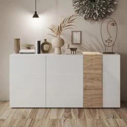 NOUVOMEUBLE Bahut 3 Portes Moderne Blanc Et Couleur Chêne VENEZIA
