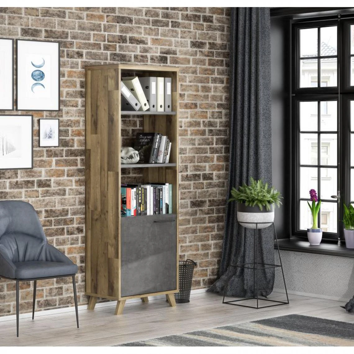 BUT Bibliothèque 1 Porte RICCIANO Imitation Chêne Et Béton 4 BUT Bibliothèque 1 Porte RICCIANO Imitation Chêne Et Béton – Image 2