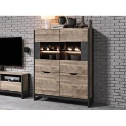 Vente-unique Vaisselier LAONILE - 4 Portes - Avec LEDs - Noyer Et Anthracite