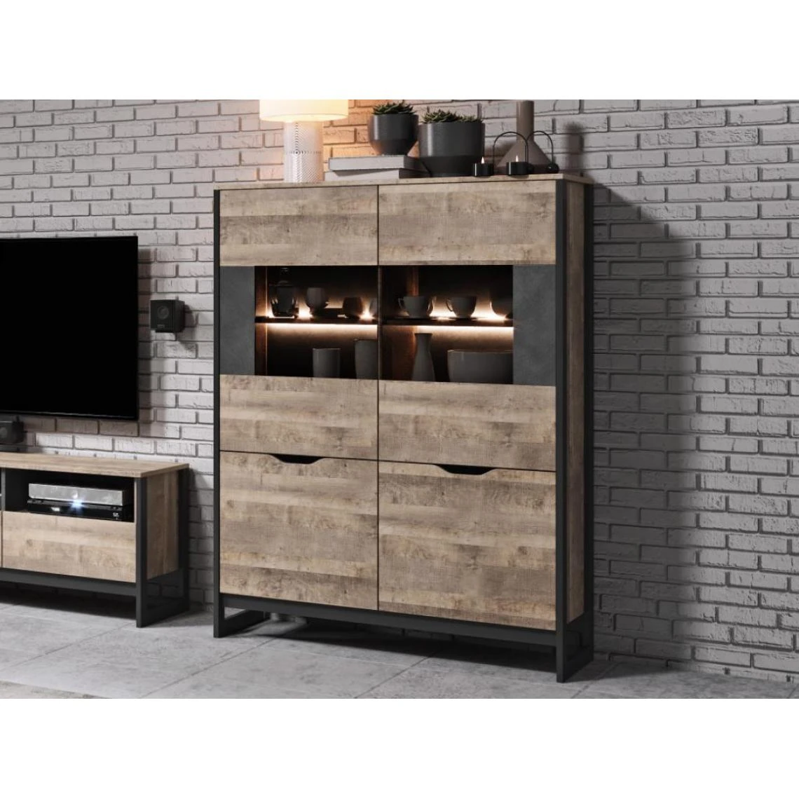 Vente-unique Vaisselier LAONILE - 4 Portes - Avec LEDs - Noyer Et Anthracite 3 Vente-unique Vaisselier LAONILE - 4 Portes - Avec LEDs - Noyer Et Anthracite