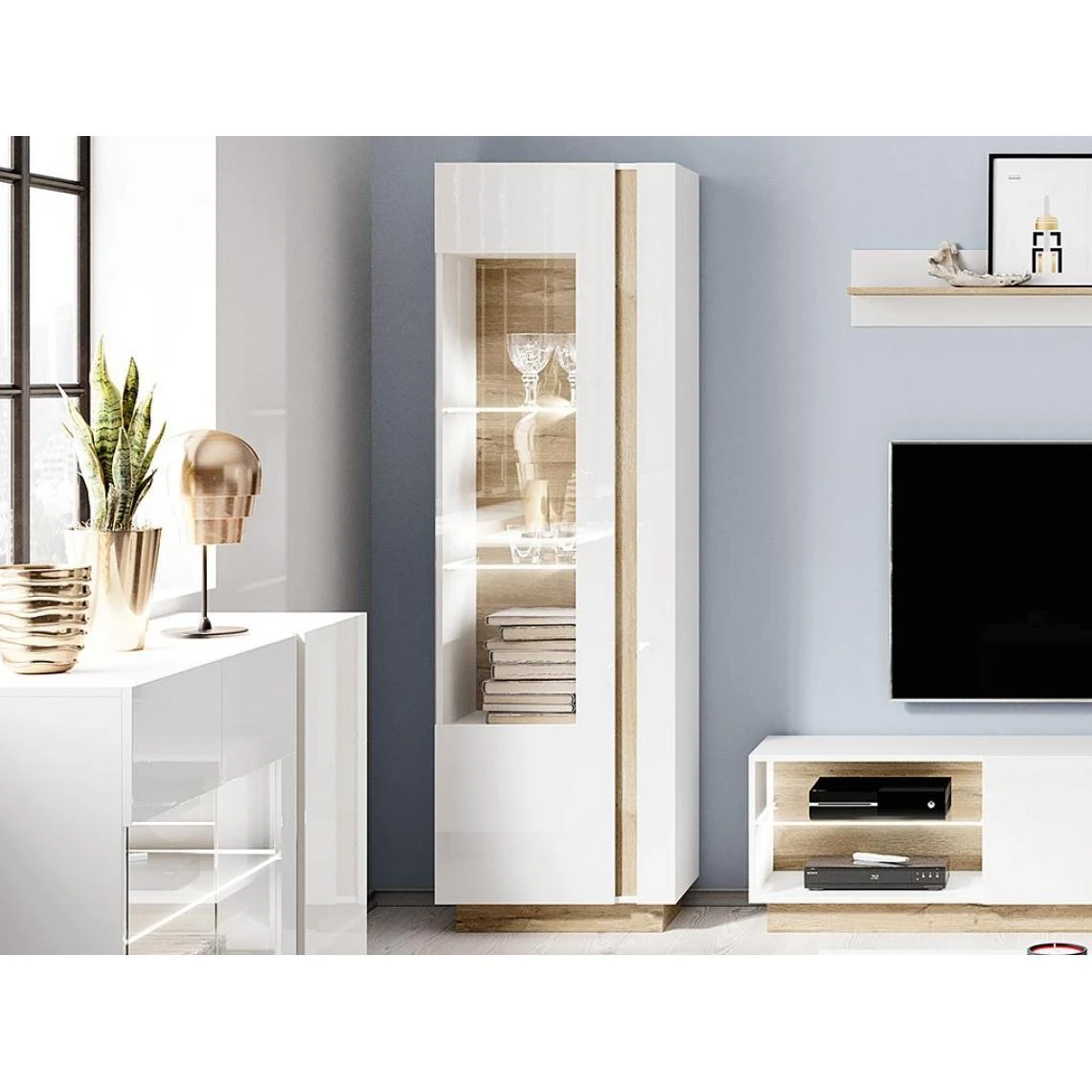 Vente-unique Vitrine MURARI - 1 Porte - Avec LEDs - Blanc Brillant Et Chêne 4 Vente-unique Vitrine MURARI - 1 Porte - Avec LEDs - Blanc Brillant Et Chêne – Image 2