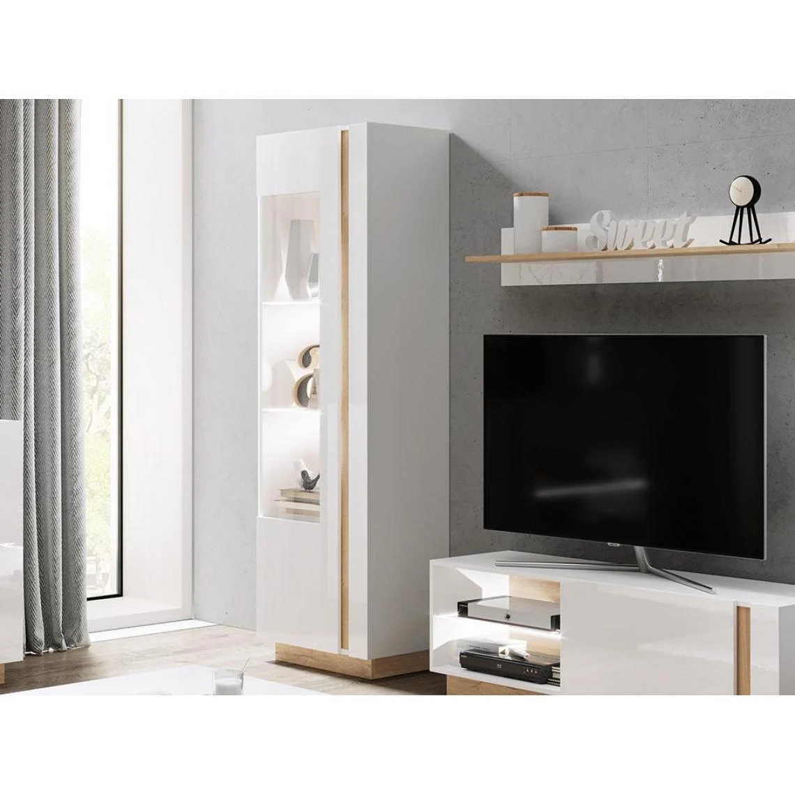 Vente-unique Vitrine MURARI - 1 Porte - Avec LEDs - Blanc Brillant Et Chêne 5 Vente-unique Vitrine MURARI - 1 Porte - Avec LEDs - Blanc Brillant Et Chêne – Image 3