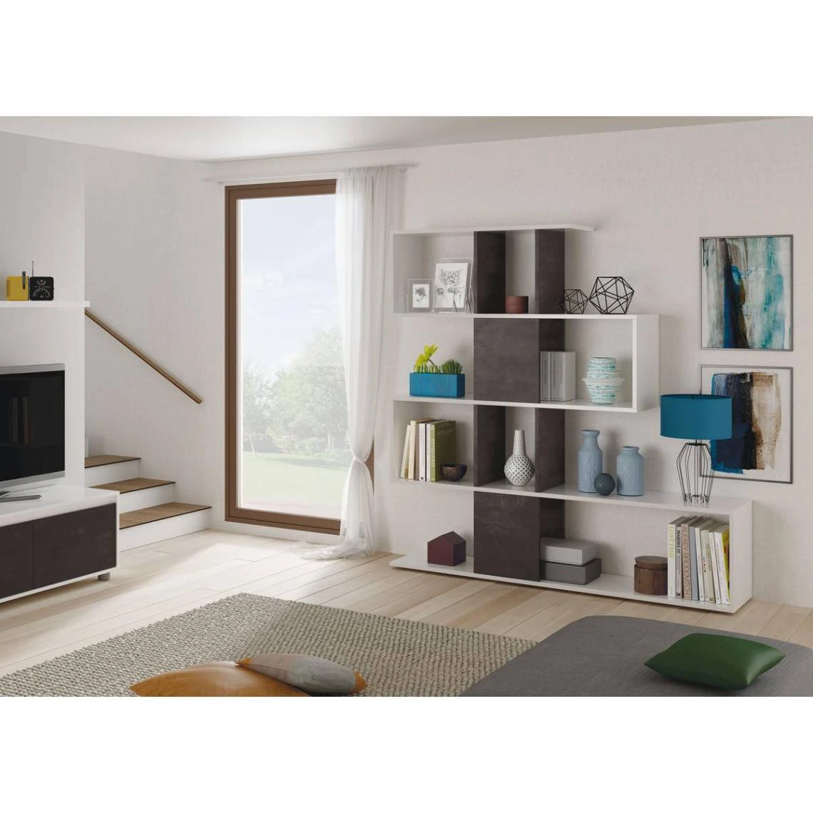 Habitat Et Jardin Bibliothèque ZIG-ZAG -145 X 145 X 29 Cm-Blanc - Effet Industriel Vie... 4 Habitat Et Jardin Bibliothèque ZIG-ZAG -145 X 145 X 29 Cm-Blanc - Effet Industriel Vie... – Image 2