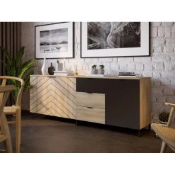 BOBOCHIC Auxane - Buffet Bas - Bois Et Noir - 200 Cm - Style Contempor...