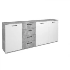 BUT Buffet 3 Portes/4 Tiroirs TOLEDO Imitation Béton/ Blanc