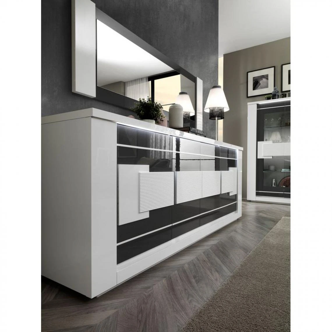 Modern Living Buffet 4 Portes BELLARIVA Laqué Blanc/ Gris Anthracite 6 Modern Living Buffet 4 Portes BELLARIVA Laqué Blanc/ Gris Anthracite – Image 4
