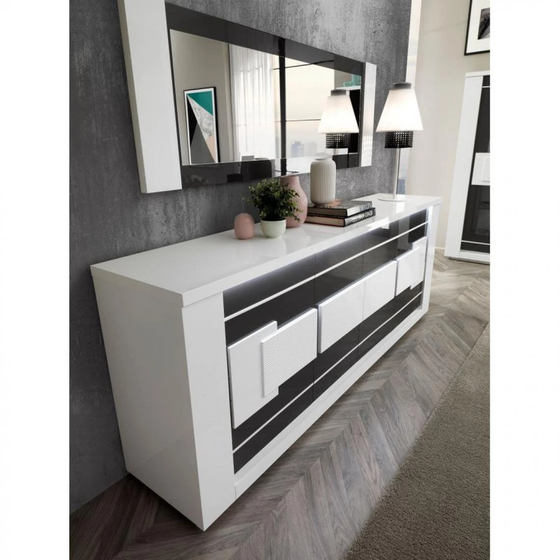 Modern Living Buffet 4 Portes BELLARIVA Laqué Blanc/ Gris Anthracite 7 Modern Living Buffet 4 Portes BELLARIVA Laqué Blanc/ Gris Anthracite – Image 5