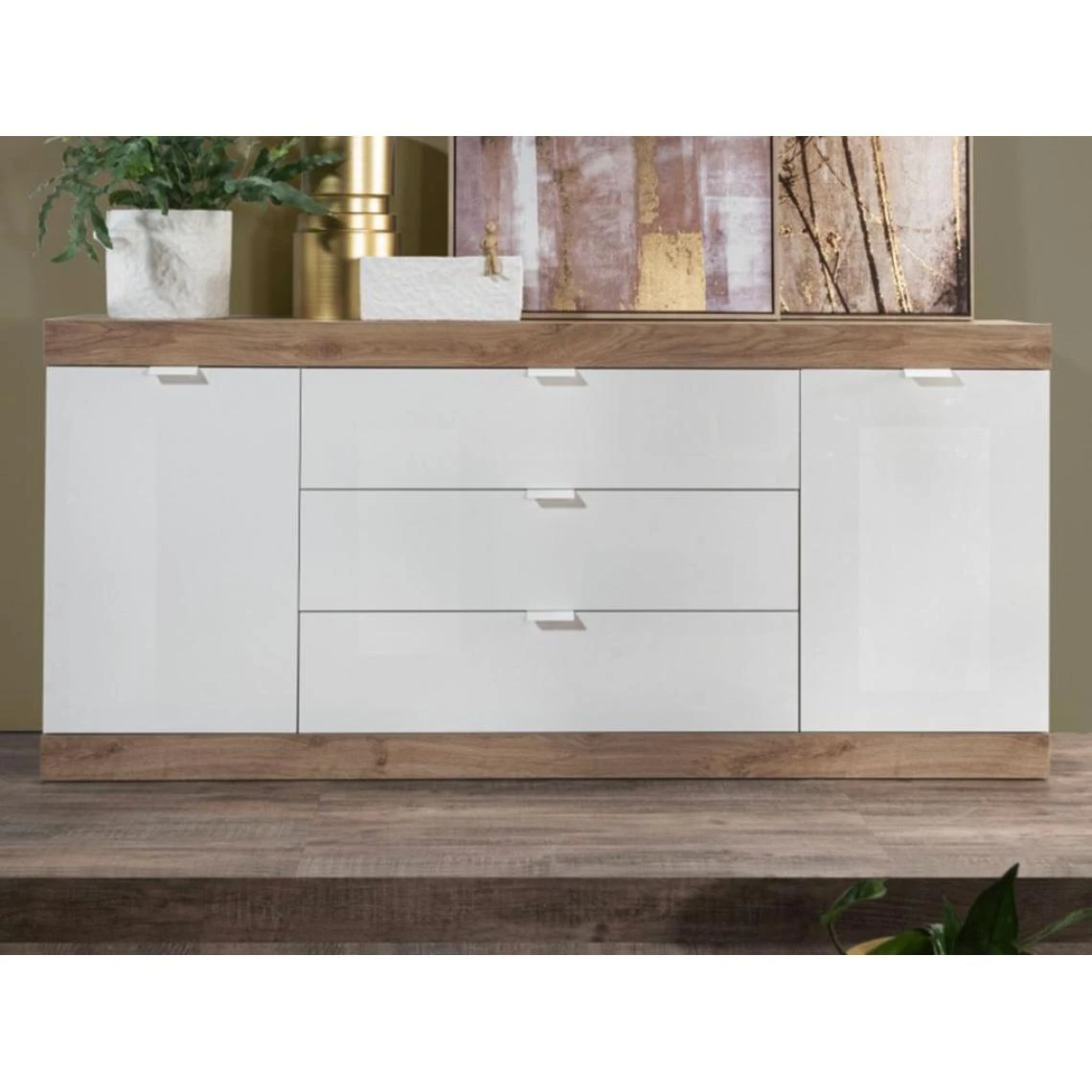 Vente-unique Buffet Avec 2 Portes Et 3 Tiroirs - Naturel Et Blanc Laqué - EVOLIA 4 Vente-unique Buffet Avec 2 Portes Et 3 Tiroirs - Naturel Et Blanc Laqué - EVOLIA – Image 2