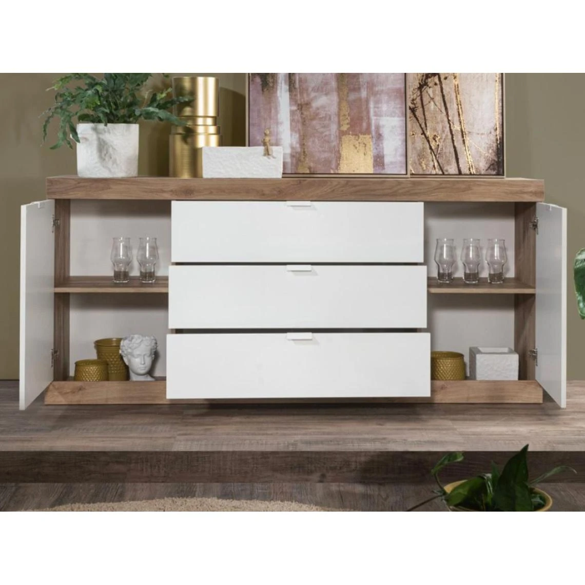 Vente-unique Buffet Avec 2 Portes Et 3 Tiroirs - Naturel Et Blanc Laqué - EVOLIA 5 Vente-unique Buffet Avec 2 Portes Et 3 Tiroirs - Naturel Et Blanc Laqué - EVOLIA – Image 3