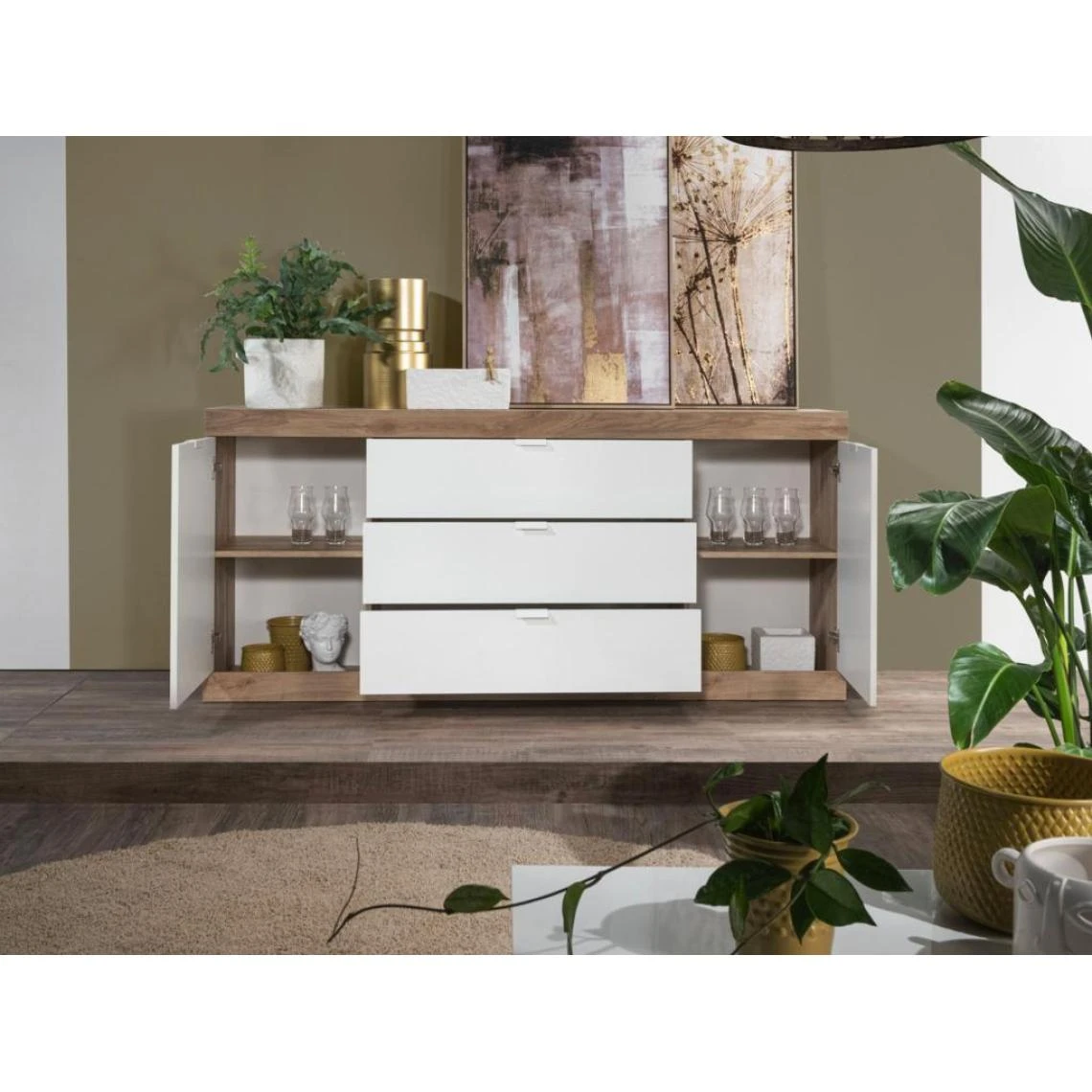 Vente-unique Buffet Avec 2 Portes Et 3 Tiroirs - Naturel Et Blanc Laqué - EVOLIA 6 Vente-unique Buffet Avec 2 Portes Et 3 Tiroirs - Naturel Et Blanc Laqué - EVOLIA – Image 4