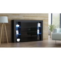 Dusine BUFFET BAHUT SPIRIT LED 140 Cm Caisson Noir MAT Avec 4 Tiroirs Noir LA...