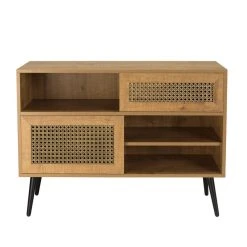 MACABANE Buffet Bas Marron 3 Niches 2 Portes Effet Cannage Pieds Métal CHARLI...
