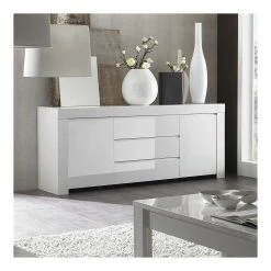KASALINEA Buffet Bahut Blanc Laqué 2 Portes 3 Tiroirs Design PAULA