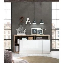 CSTORE Buffet - Effet Bois Vintage Et Blanc Laqué - Style Contemporain - 4 P...