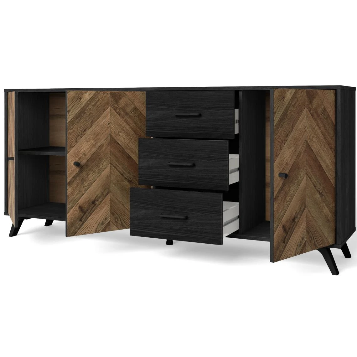 Pegane Buffet En Mélamine Effet Bois à Chevrons Avec Pieds En ABS Noir - Lo... 5 Pegane Buffet En Mélamine Effet Bois à Chevrons Avec Pieds En ABS Noir - Lo... – Image 3