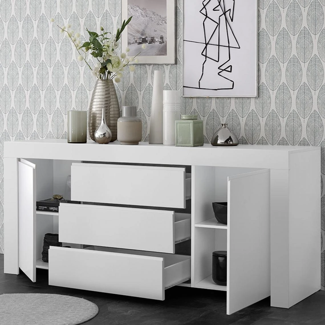 NOUVOMEUBLE Buffet Enfilade 180 Cm Design Blanc Laqué ALANO 5 NOUVOMEUBLE Buffet Enfilade 180 Cm Design Blanc Laqué ALANO – Image 3