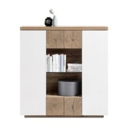 Inside 75 Buffet Haut HERNING 114 Cm Laqué Blanc Mat Décor Chêne Noueux 2 Por...