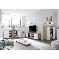 Inside 75 Buffet Haut HERNING 114 Cm Laqué Blanc Mat Décor Chêne Noueux 2 Por... -SoBuy Shop buffet herning laque blanche chene bois contemporain 2