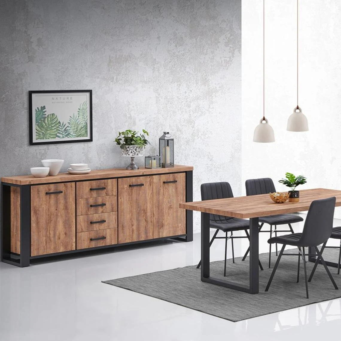 NOUVOMEUBLE Buffet Industriel 225 Cm Couleur Chêne Foncé ESTRACELLE 5 NOUVOMEUBLE Buffet Industriel 225 Cm Couleur Chêne Foncé ESTRACELLE – Image 3