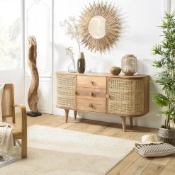 MACABANE Buffet Marron 2 Portes 3 Tiroirs Bois De Jamelonier Et Cannage ISA