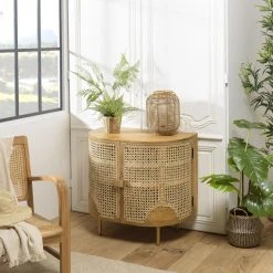 MACABANE Buffet Marron 2 Portes Bois De Manguier Cannage Pieds Métal Doré ISA