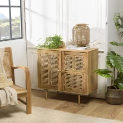 MACABANE Buffet Marron 2 Portes Bois Manguier Patchwork Cannage Naturel ISA