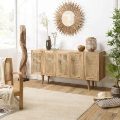 MACABANE Buffet Marron 5 Portes Bois De Manguier Et Cannage Naturel ISA