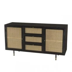 MACABANE Buffet Noir 2 Portes Coulissantes 1 Porte Abattante Cannage YANIS -SoBuy Shop buffet noir 2 portes coulissantes 1 porte abattante cannage yanis design 703300 2 1140x1140