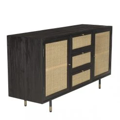 MACABANE Buffet Noir 2 Portes Coulissantes 1 Porte Abattante Cannage YANIS -SoBuy Shop buffet noir 2 portes coulissantes 1 porte abattante cannage yanis design 703300 4 1140x1140