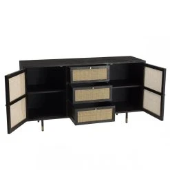 MACABANE Buffet Noir 2 Portes Coulissantes 1 Porte Abattante Cannage YANIS -SoBuy Shop buffet noir 2 portes coulissantes 1 porte abattante cannage yanis design 703300 6 1140x1140