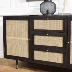 MACABANE Buffet Noir 2 Portes Coulissantes 1 Porte Abattante Cannage YANIS -SoBuy Shop buffet noir 2 portes coulissantes 1 porte abattante cannage yanis design 703300 7 1140x1140