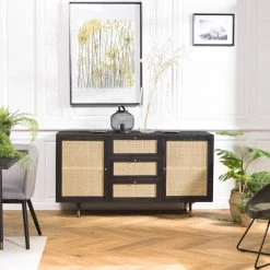 MACABANE Buffet Noir 2 Portes Coulissantes 1 Porte Abattante Cannage YANIS -SoBuy Shop buffet noir 2 portes coulissantes 1 porte abattante cannage yanis design 703300 9 1140x1140