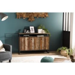 MACABANE Buffet SIXTINE 3 Portes Et 1 Étagère Bois Teck Recyclé Acacia Mahog...