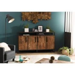 MACABANE Buffet SIXTINE 4 Portes 1 Étagère Bois Teck Recyclé Et Métal