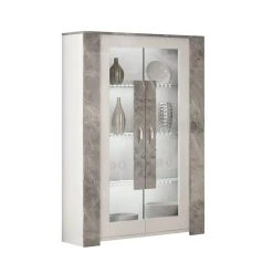 Altobuy CHOPIN - Vitrine 2 Portes Laquée Blanc Et Effet Marbre Gris