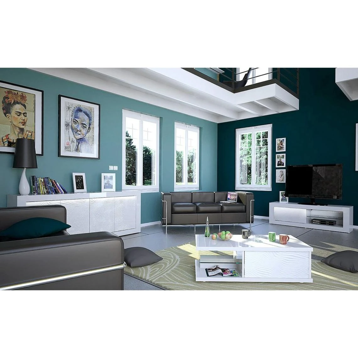 Altobuy DAYTON WHITE - Buffet 4 Portes Laqué Blanc à Relief Et Leds 7 Altobuy DAYTON WHITE - Buffet 4 Portes Laqué Blanc à Relief Et Leds – Image 5