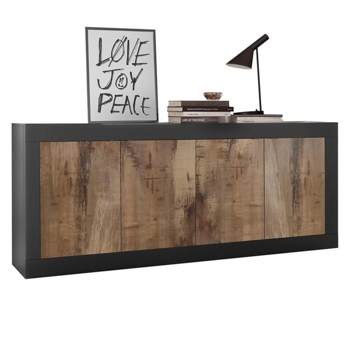 NOUVOMEUBLE Enfilade 4 Portes Couleur Bois Et Noir Moderne FOCIA 4 6 NOUVOMEUBLE Enfilade 4 Portes Couleur Bois Et Noir Moderne FOCIA 4 – Image 4