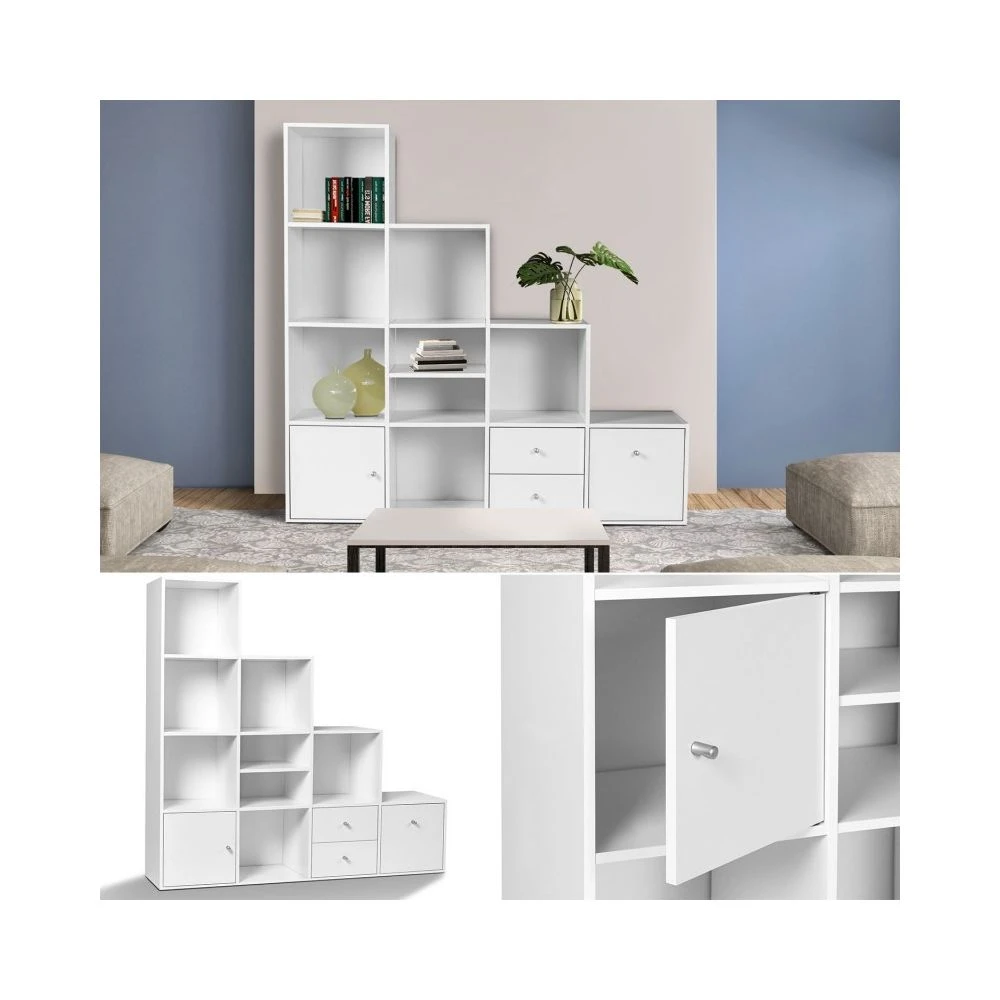 Idmarket Meuble De Rangement Escalier 4 Niveaux Bois Blanc Avec Porte Et Tiroir... 6 Idmarket Meuble De Rangement Escalier 4 Niveaux Bois Blanc Avec Porte Et Tiroir... – Image 4