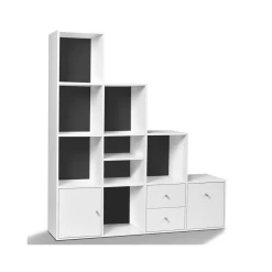 Idmarket Meuble De Rangement Escalier 4 Niveaux Bois Blanc Fond Gris Avec Porte... -SoBuy Shop meuble de rangement escalier 4 niveaux bois blanc portetiroirs blancs fond gris 1