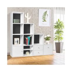 Idmarket Meuble De Rangement Escalier 4 Niveaux Bois Blanc Fond Gris Avec Porte... -SoBuy Shop meuble de rangement escalier 4 niveaux bois blanc portetiroirs blancs fond gris 2