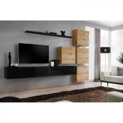 Ac-Deco Meuble TV Mural Design Switch IX 310cm Noir & Naturel