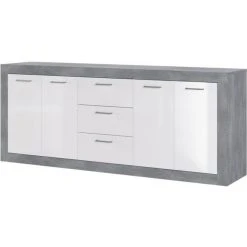 CSTORE STONE Buffet 4 Portes 3 Tiroirs - Décor Béton Et Blanc - L 206 X P ...