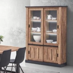 NOUVOMEUBLE Vaisselier Industriel 135 Cm Couleur Chêne Avec LED ETINCELLE