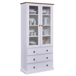 Pegane Vaisselier Vitrine En Pin Massif Vernis Blanc/sépia - Longueur 90 X P...