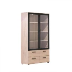BUT Vitrine 2 Portes/ 4 Tiroirs TOLEDO Décor Chêne Sonoma/gris