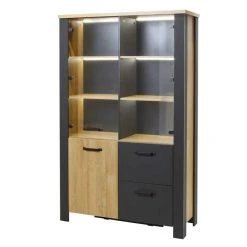 Tousmesmeubles Vitrine 3 Portes 2 Tiroirs Chêne Naturel/Noir à Leds - ARTEMIS