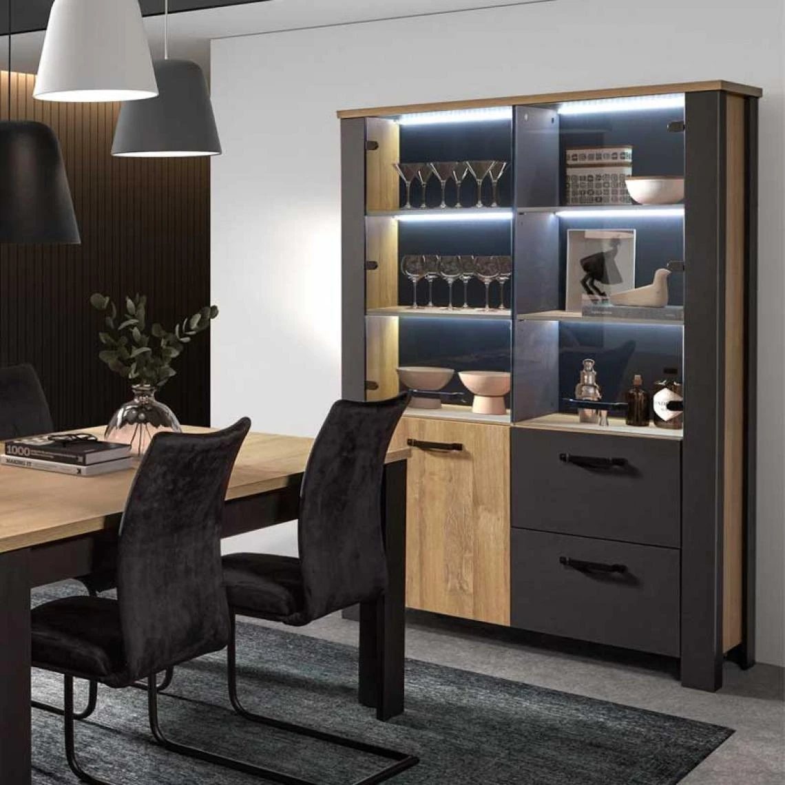 Tousmesmeubles Vitrine 3 Portes 2 Tiroirs Chêne Naturel/Noir à Leds - ARTEMIS 4 Tousmesmeubles Vitrine 3 Portes 2 Tiroirs Chêne Naturel/Noir à Leds - ARTEMIS – Image 2