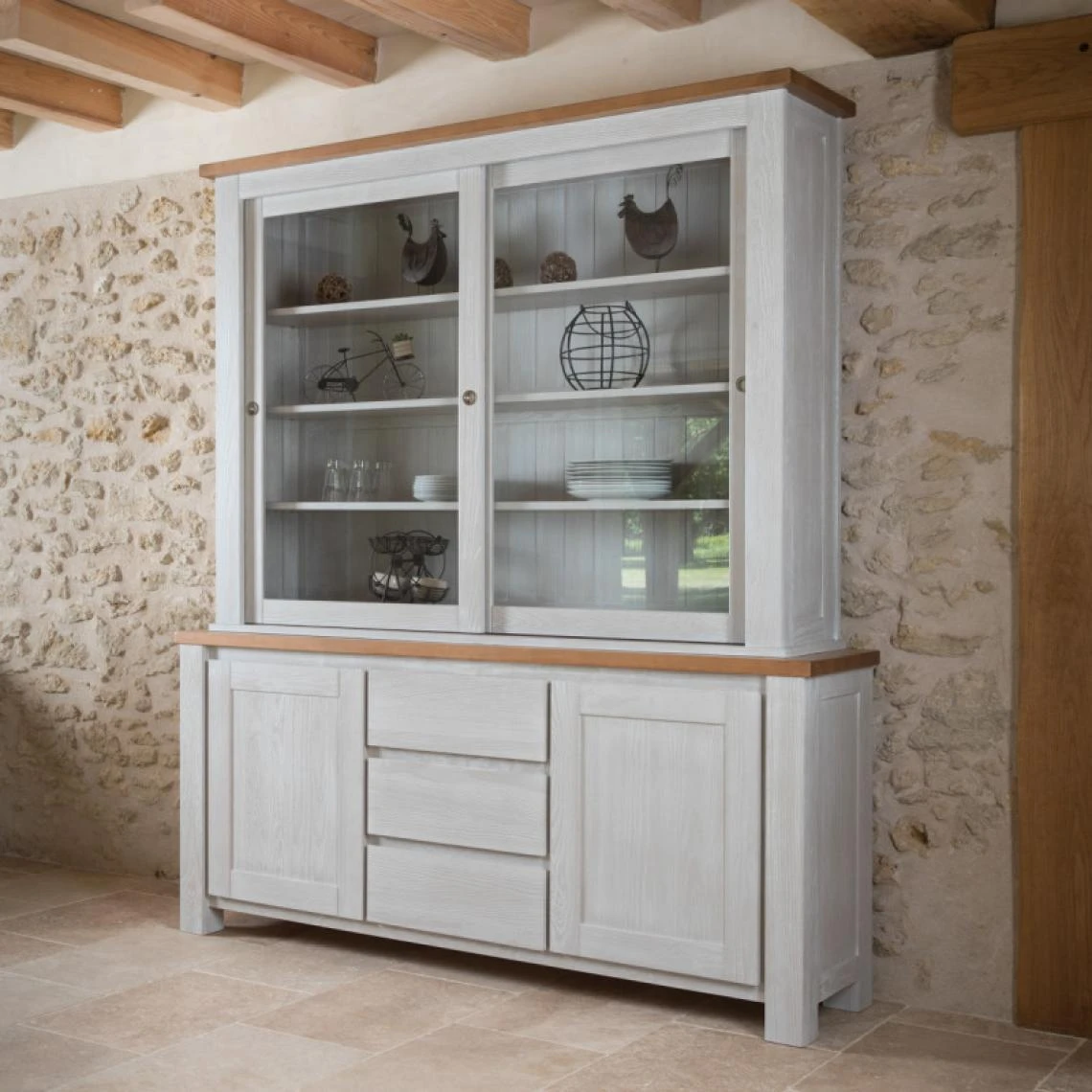 Tousmesmeubles Vitrine 4 Portes 3 Tiroirs Bois Massif Argenté - GABRIEL 3 Tousmesmeubles Vitrine 4 Portes 3 Tiroirs Bois Massif Argenté - GABRIEL