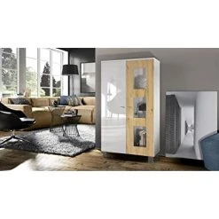 MPC Vitrine Sur Pied Avec 2 Portes Et 3 Vitres, Blanc Mat/blanc Haute Bril...