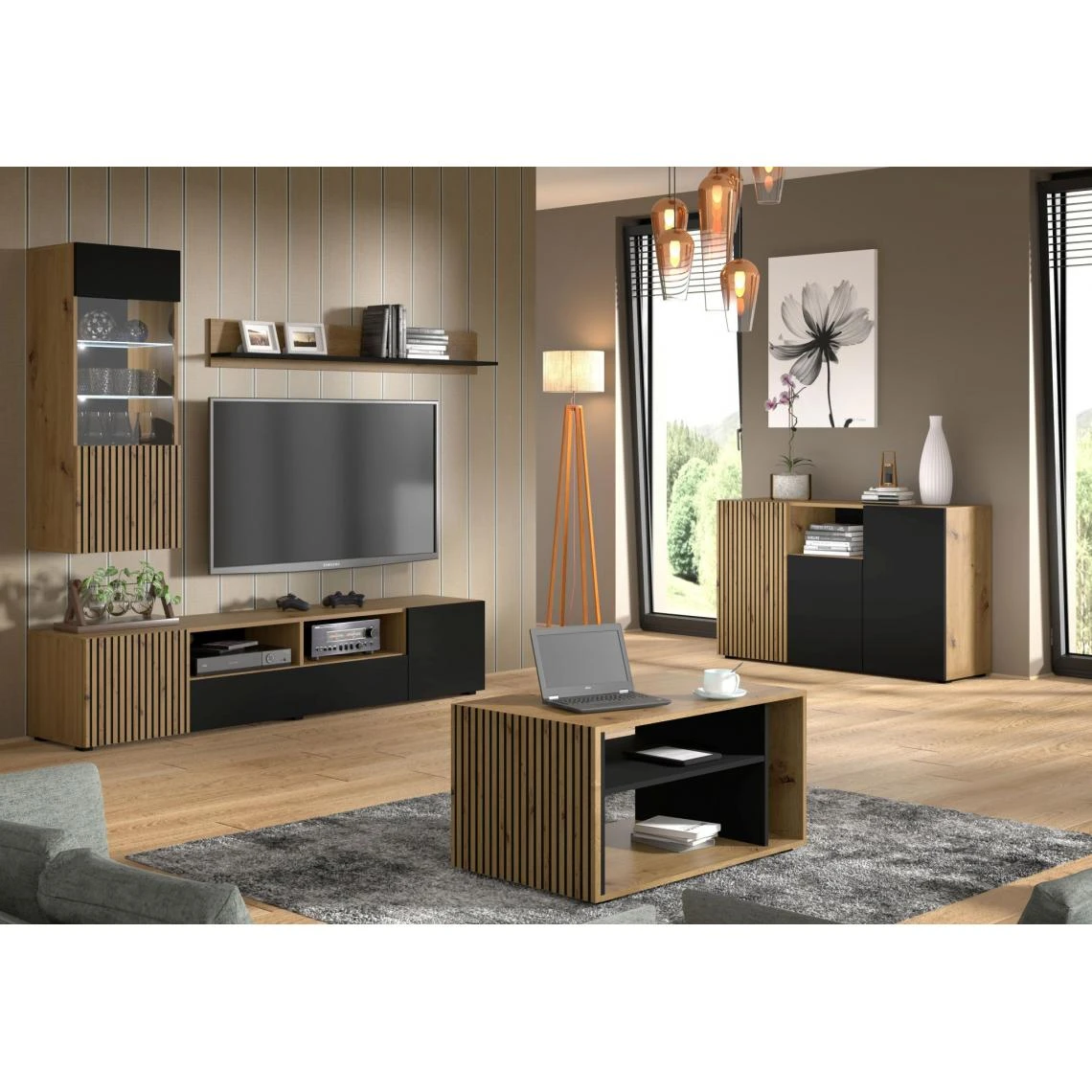 Bim Furniture Vitrine Suspendue AURIS 1D Chêne Artisan / Noir Mat 7 Bim Furniture Vitrine Suspendue AURIS 1D Chêne Artisan / Noir Mat – Image 5